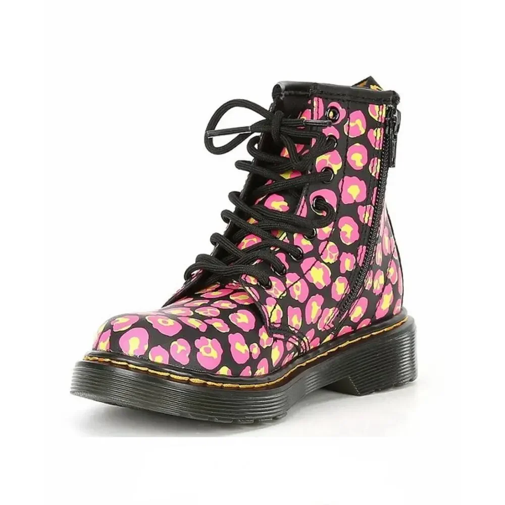 Dr. Marten’s Leopard Print Side Zipper Lace Up Girls’ Combat Boots Size 6